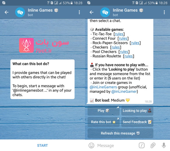  برای شروع بازی با inlinegamebot، روی دکمه Play بزنید