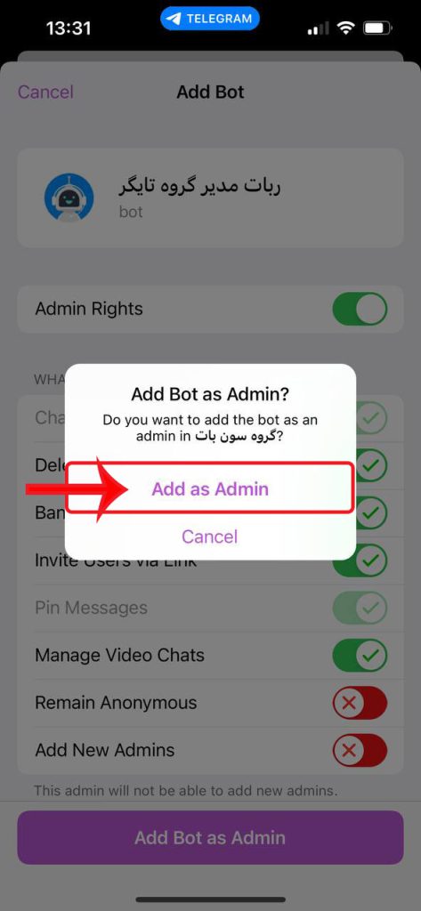 تایید نهایی ادمین شدن ربات در گروه