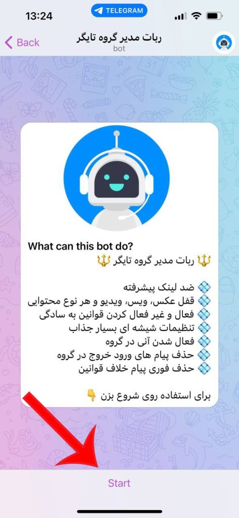 شروع به کار ربات با زدن روی دکمه استارت